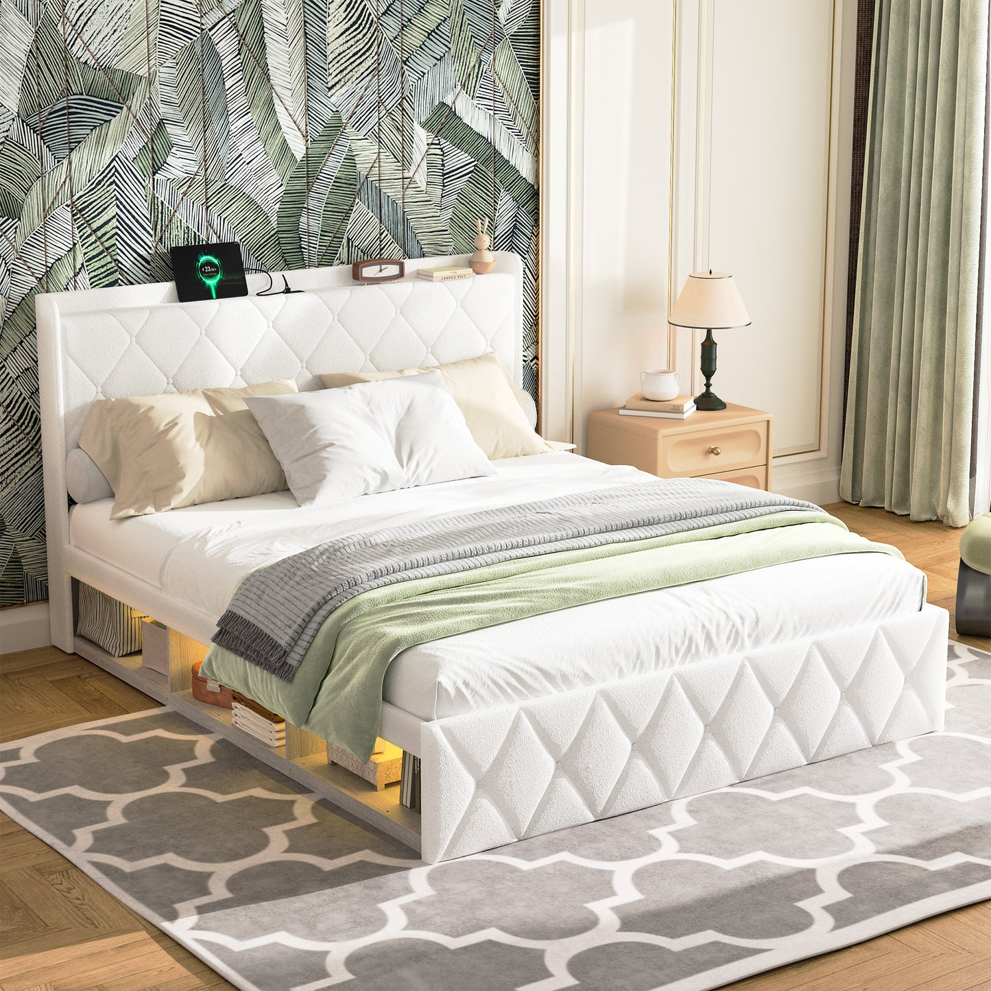 140 X 200 Cm Upholstered Bed, White Plush Fabric, Double Bed With USB Charging Function, Equipped With LED Light Strip, With 6 Practical Drawers, Load Capacity 800 Lbs, Without Mattress
