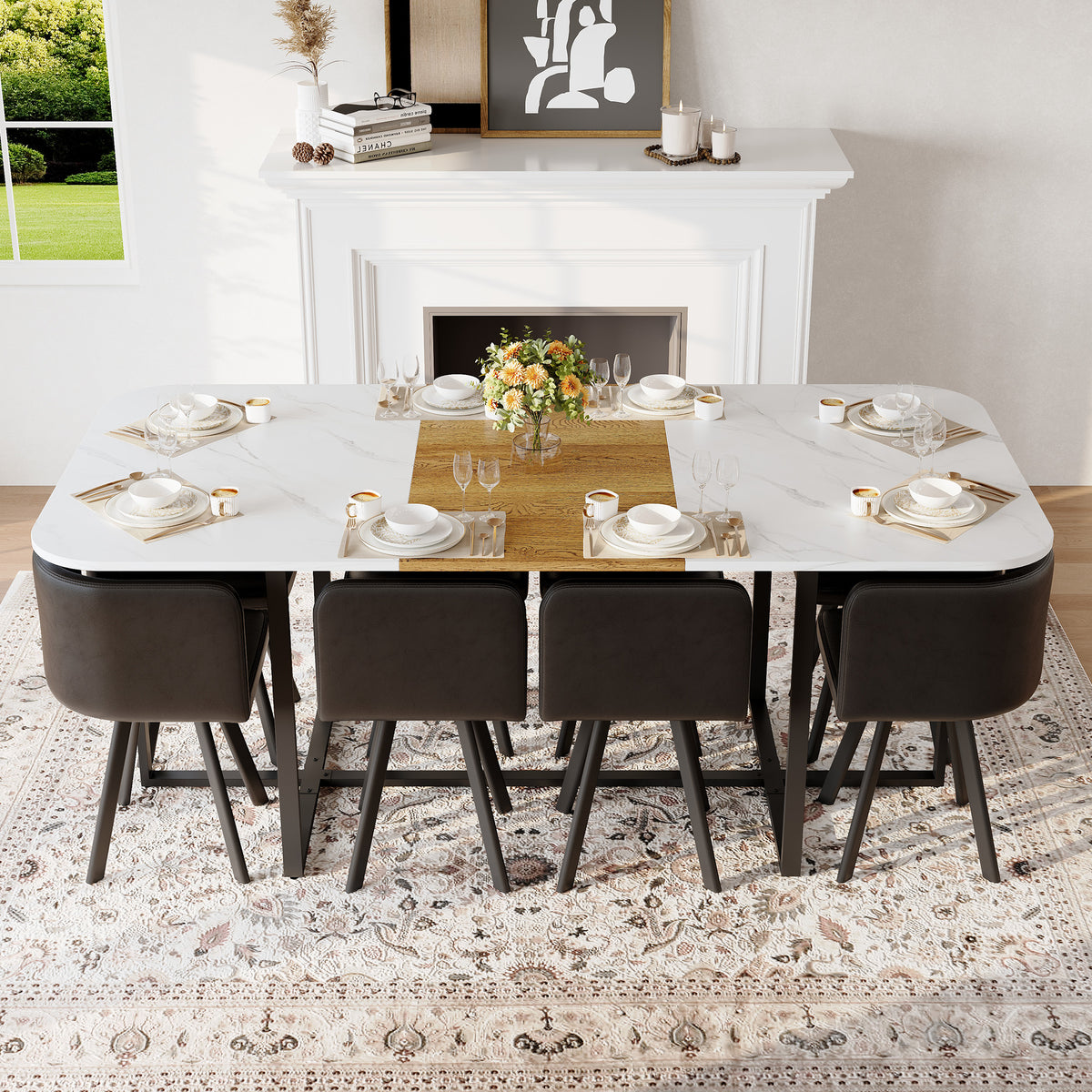 9-Piece Square Dining Table Set, Fixed White Faux Marble & Wood Grain Triamine Tabletop With 8 Black Faux Leather Chairs, Modern Kitchen Table Set For 8 People, Ideal For Family Gatherings