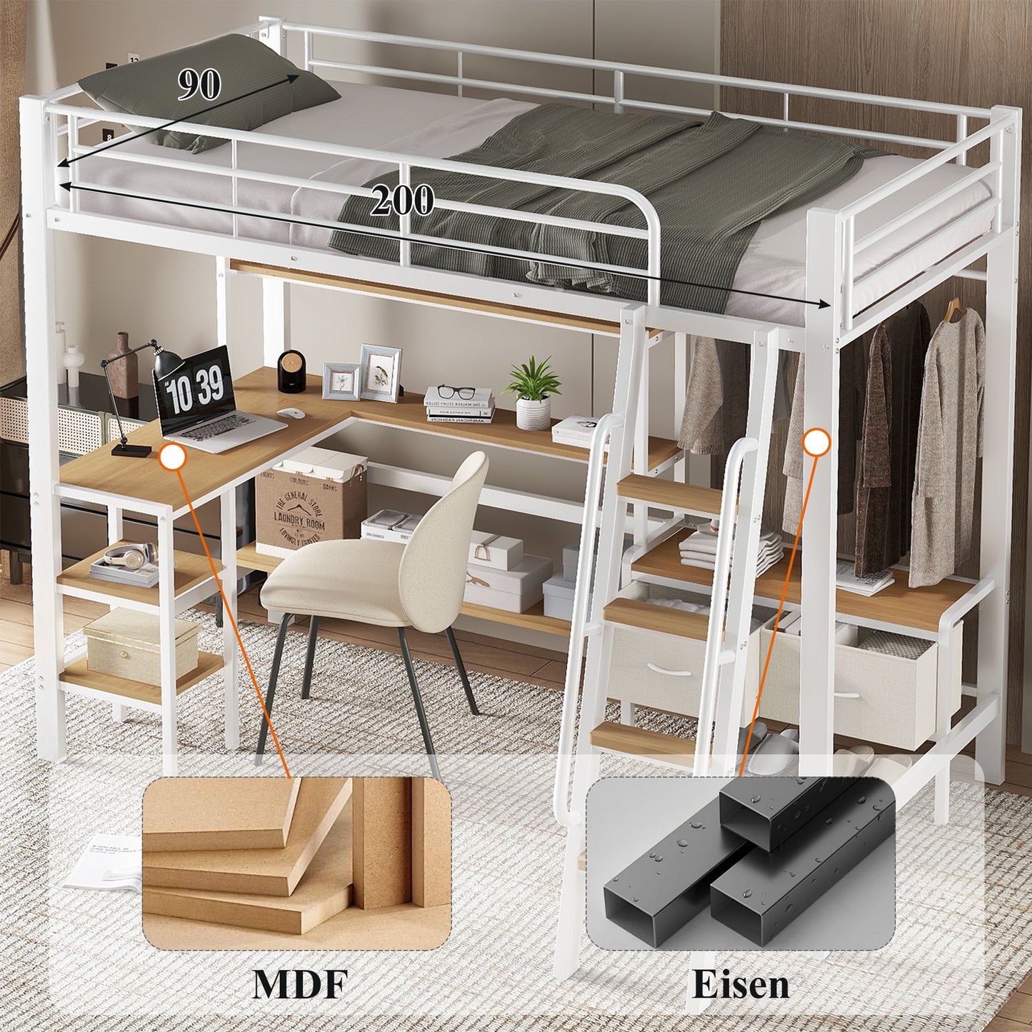 Iron Bed, Loft Bed, Including Two Fabric Storage Boxes, With Desk And Storage Shelf, Four-Story Inclined Staircase, Iron MDF, White Natural, 90x200cm