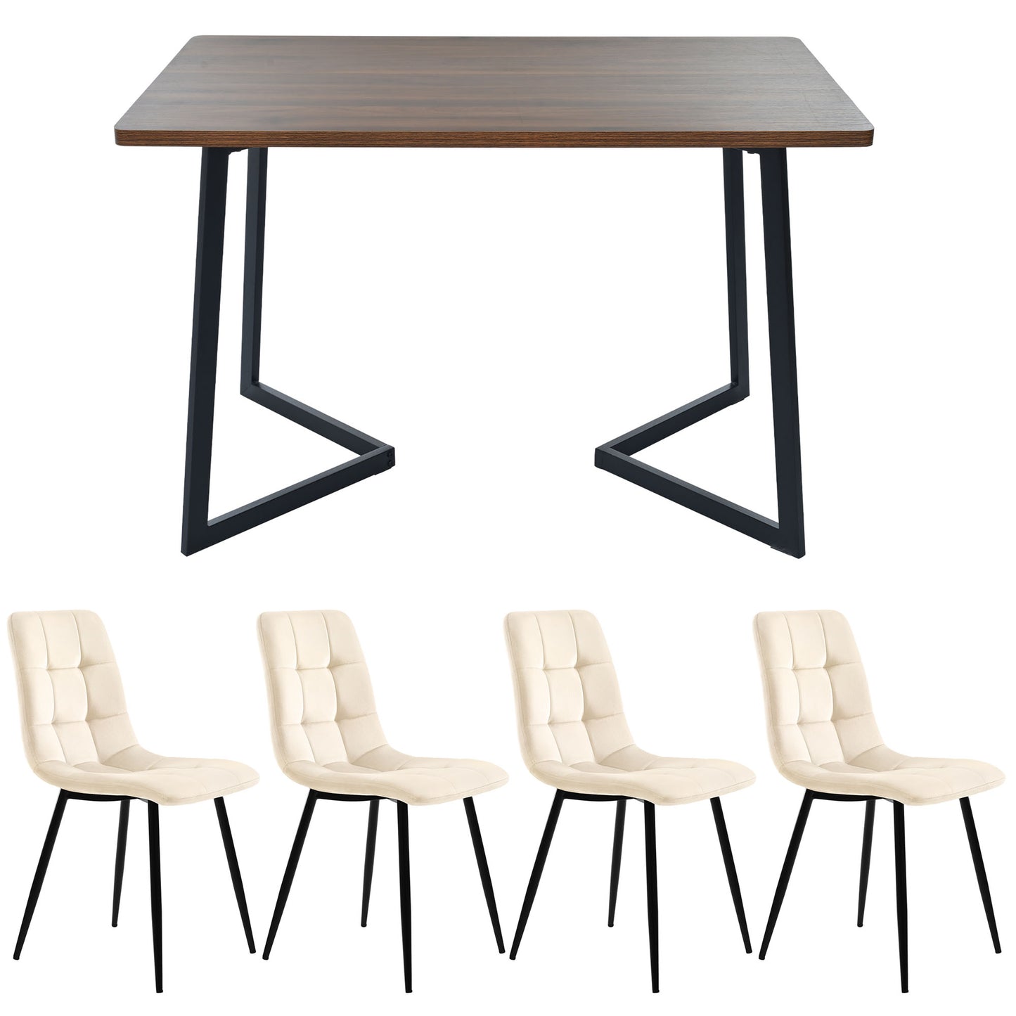 5-Piece Dining Set Table And 4 Chairs, Modern Kitchen Table Set, Kitchen Table With Wood-Grain Finish And Black Metal Legs, Walnut-Colored MDF Tabletop, Beige Velvet Dining Chairs