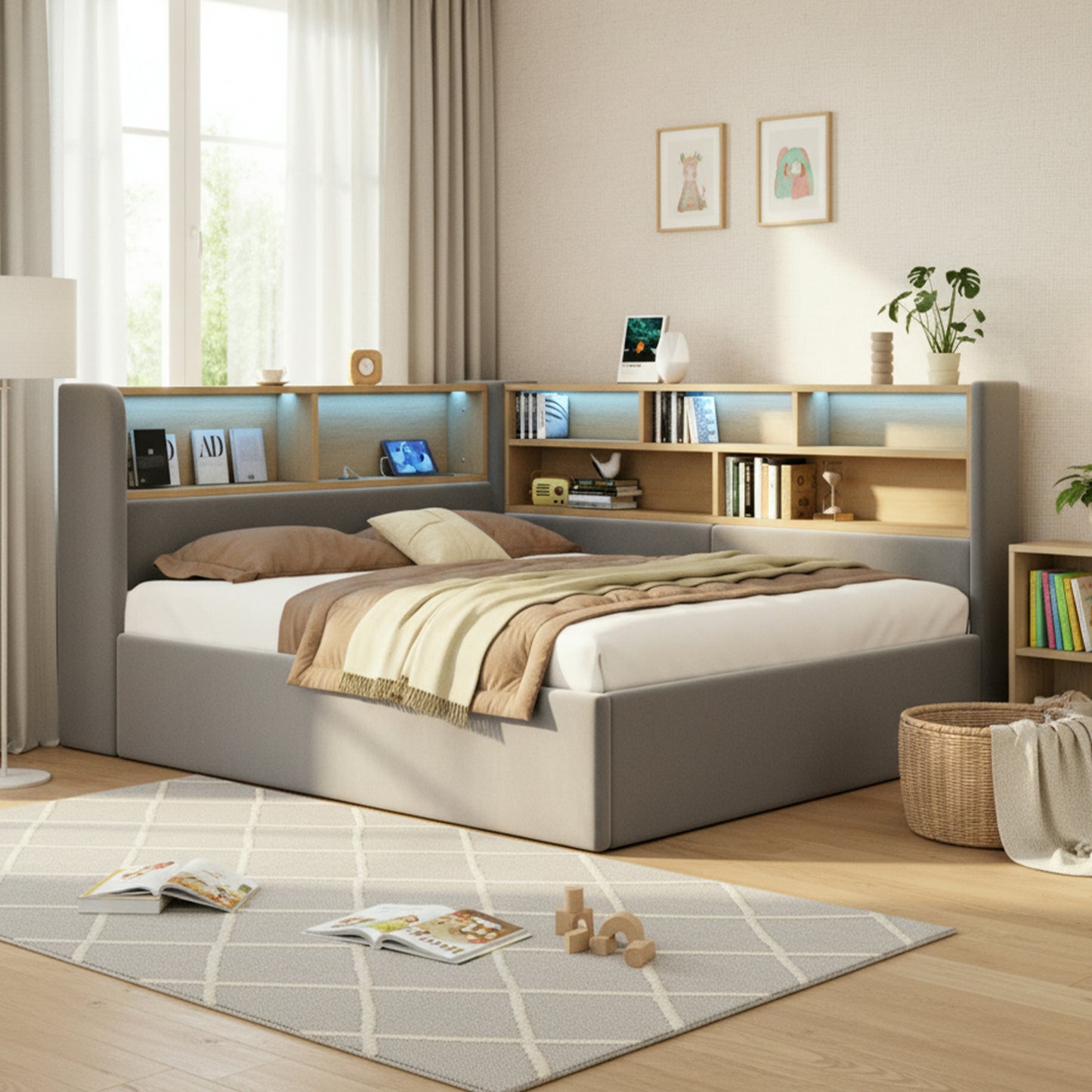 Daybed, L-shaped Upholstered Hydraulic Lift-Up Storage Bed, Sofa Bed With Storage, LED, USB Charging Port, 4FT6 Double Bed 135x190cm, Hydraulic Storage Bed Frame, Velvet, Grey