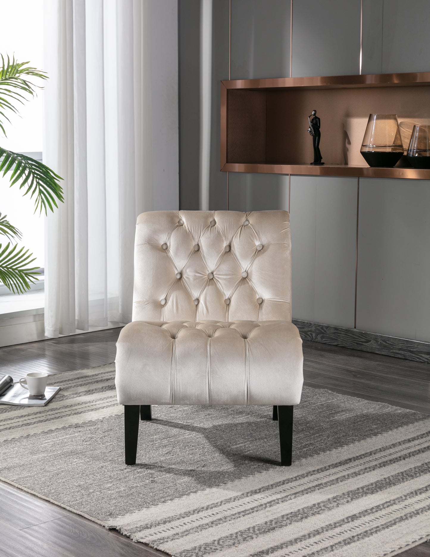 COOLMORE Modern Velvet Armless Accent Living Room Chair Leisure Chair,Upholstered Fabric Button Comfortable Chair With Wooden Legs For Bedroom, Living Room, Office Beige Velvet