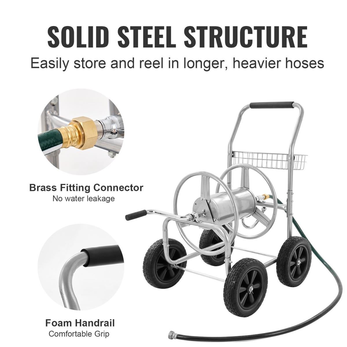 Hose Reel Cart, Hold Up To 250 Ft Of 5/8’’ Hose, Garden Water Hose Carts Mobile Tools With 4 Wheels, Heavy Duty Powder-coated Steel Outdoor Planting With Storage Basket, For Garden, Yard, Lawn