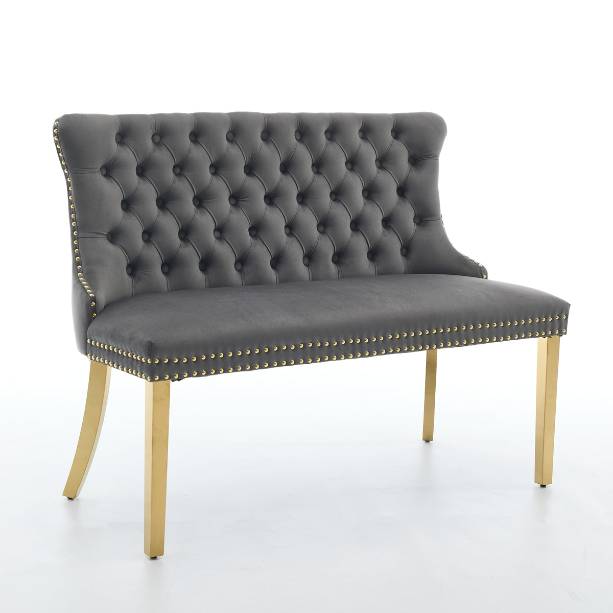 Velvet Double Dining Loveseat Bench, Kitchen & Dining Seating, 2-Seat Tufted Bench W Handmade Buttons, Wing Back, Gold-Plated Steel Legs, Mid Century Modern,Single Pack,Gray,SW1602GY