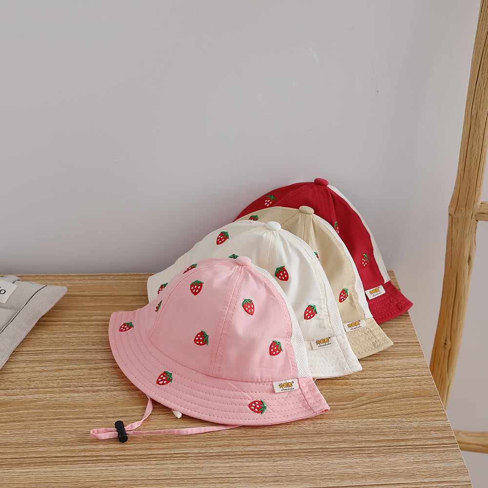 Single-color Strawberry Embroidery Adjustable Patchwork Netting Breathable And Cool Fashion Children's Fisherman Hat For Outdoor Travel And Play
