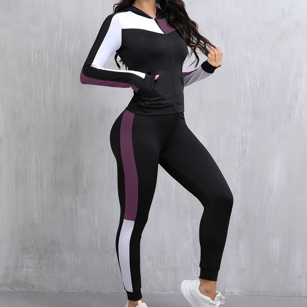 Women's Fashion Popular Stitching Hooded Jacket Yoga Leggings Two-piece Set
