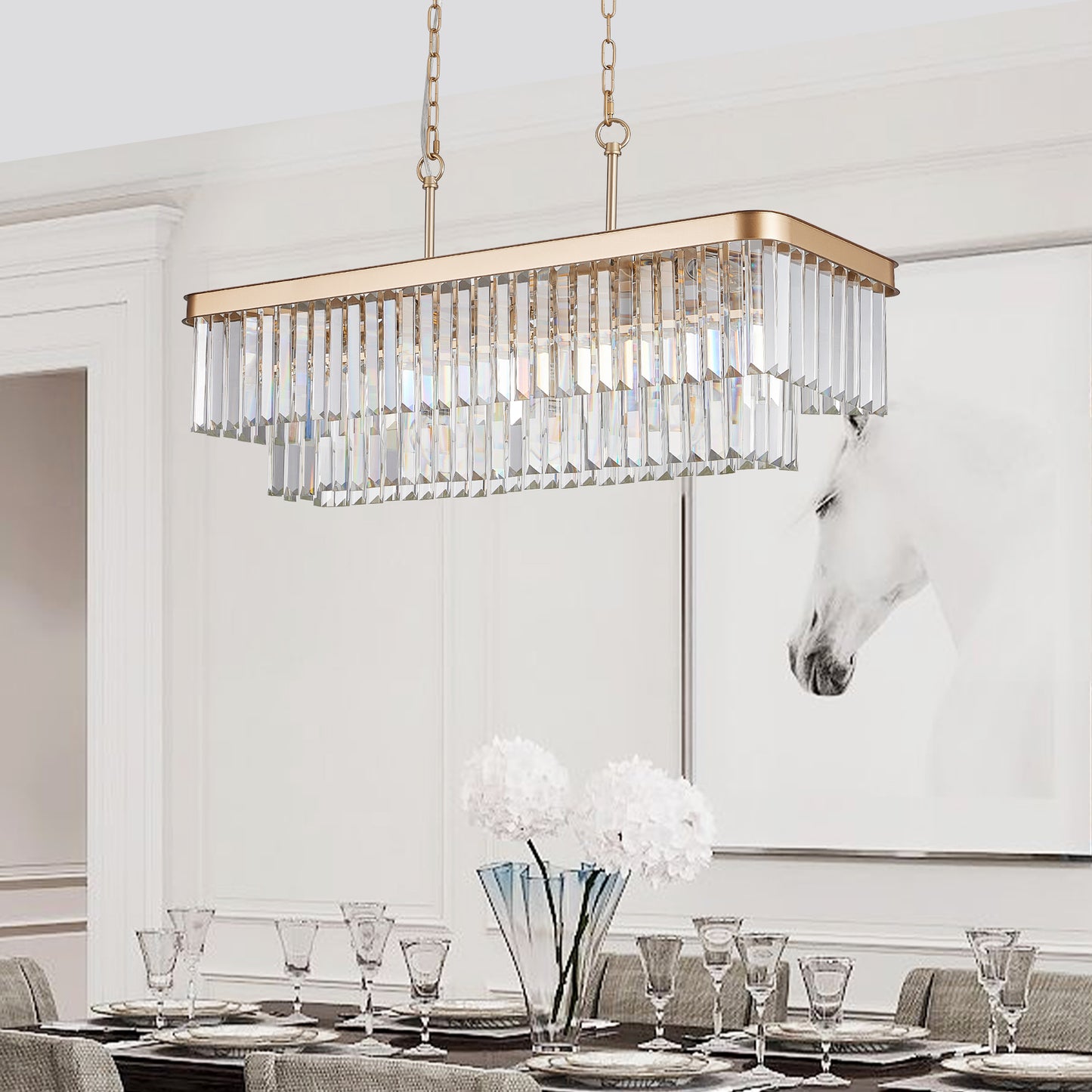 Chandeliers,Rectangular Crystal Chandelier Adjustable,E12 Modern Industrial Crystal Lights,Farmhouse Iron Ceiling Hanging Light For Kitchen Living Room Bedroom GoldBulb Not Included