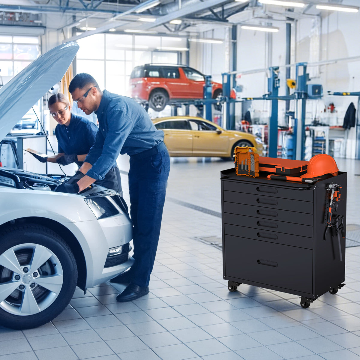34.3 Rolling Tool Chest With 6 Drawers - Mobile Garage Cabinet Organizer, All-Drawer Design For Small Parts & Tools, Heavy Duty Steel Construction