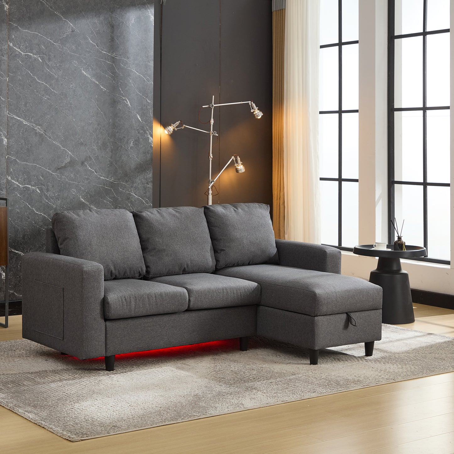 L-Shaped Couch Sofa With Storage, 3 Seater Corner Sofa With USB, LED Lights, Sofa Couches With Side Pockets For Apartment Living Room, Office, Grey, 180x120x72cm