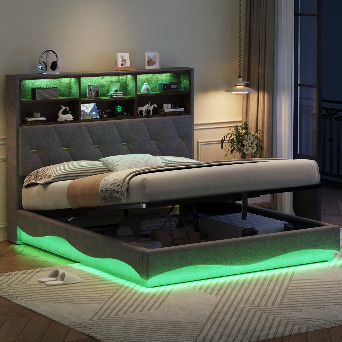 5ft King Upholstered Bed Frame With Hydraulic Storage, Wavy LED Heightened Headboard With Charging Station, USB And Type - C Ports, Linen, No Box Spring Needed, Grey No Mattress