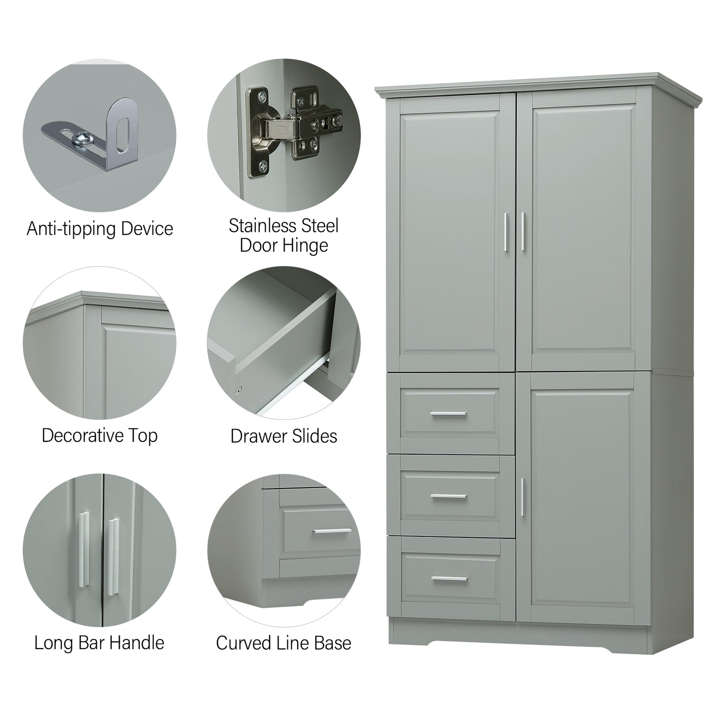 Tall And Wide Storage Cabinet With Doors For Bathroom Office, Three Drawers, Grey Old SKU WF299285AAG N725P331357E