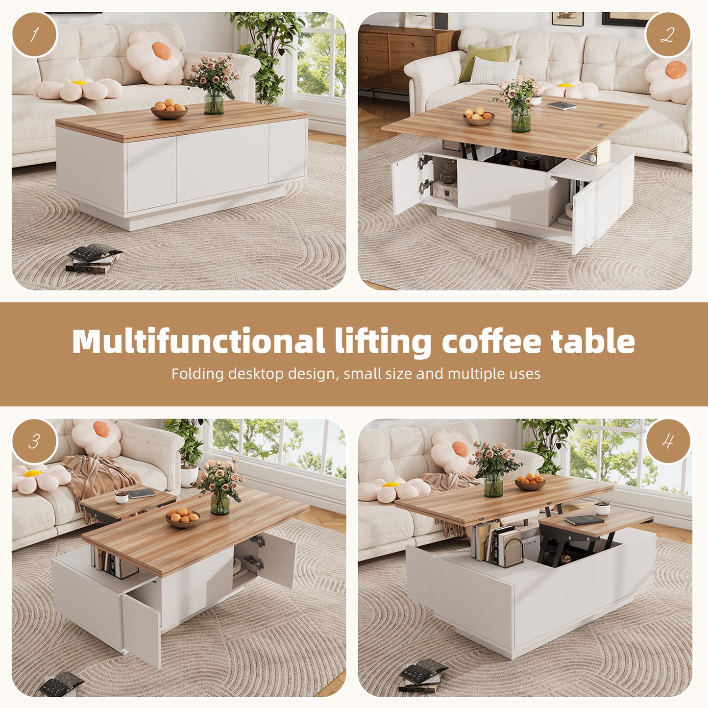 Lift Up Coffee Table With Hidden Storage, Centre Table With 2doors 2 Lifting Platforms, Lifting Sofa Side Table, Space-saving End Table, Tea Table, 100x50x55.5cm, White Natural Wood, Particleboard