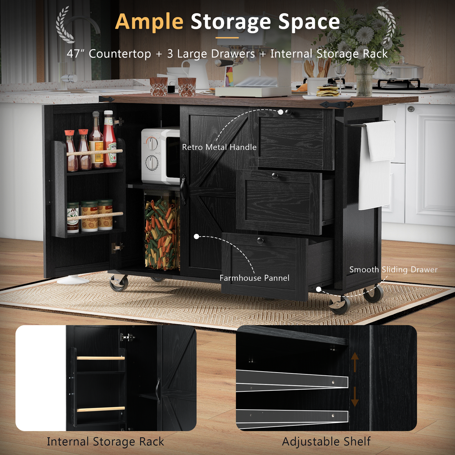 54.5 Farmhouse Kitchen Island With Power Outlet,Kitchen Storage Island With Internal Storage Rack,Drop Leaf,Spice Rack,Rolling Kitchen Cart On Wheels,for Home,Kitchen And Dining Room,Black