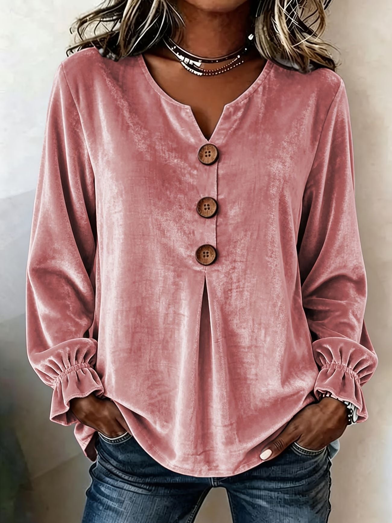 New Velvet Long Sleeve Blouse, Fashion V-Neck Button Shirt