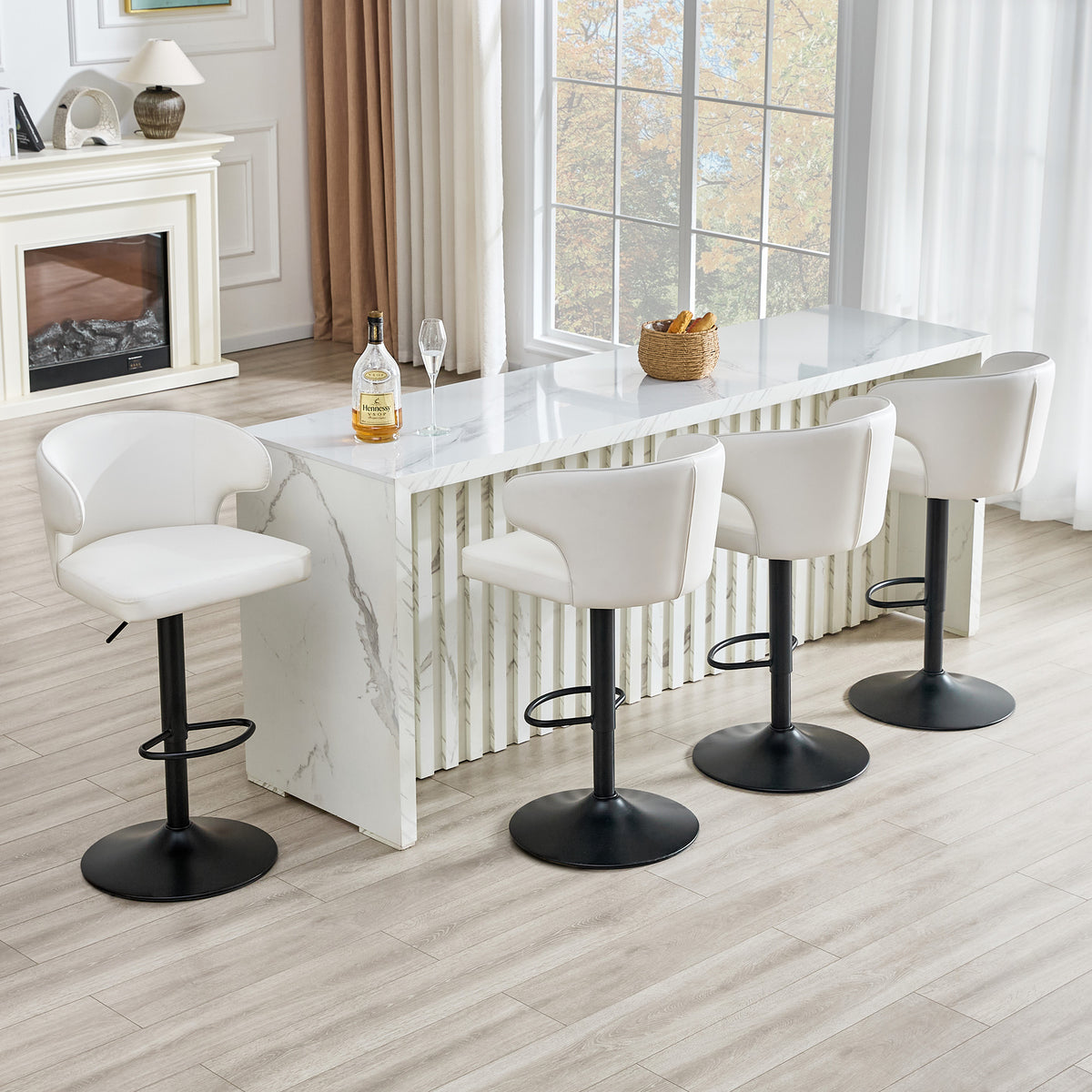 Modern Rotating Adjustable Bar Chair, PU Leather Belt Backrest Swivel Chair, Suitable For Kitchen Bar Counter And Dining Room, Adjustable Height, Capable Of Bearing 300 Pounds White -4 Pieces