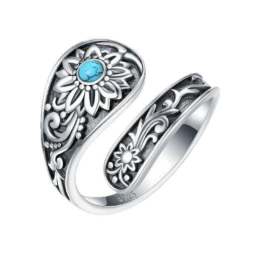 New Accessories European And American Bohemian Retro Sunflower Turquoise Lady's Flower Adjustable Ring
