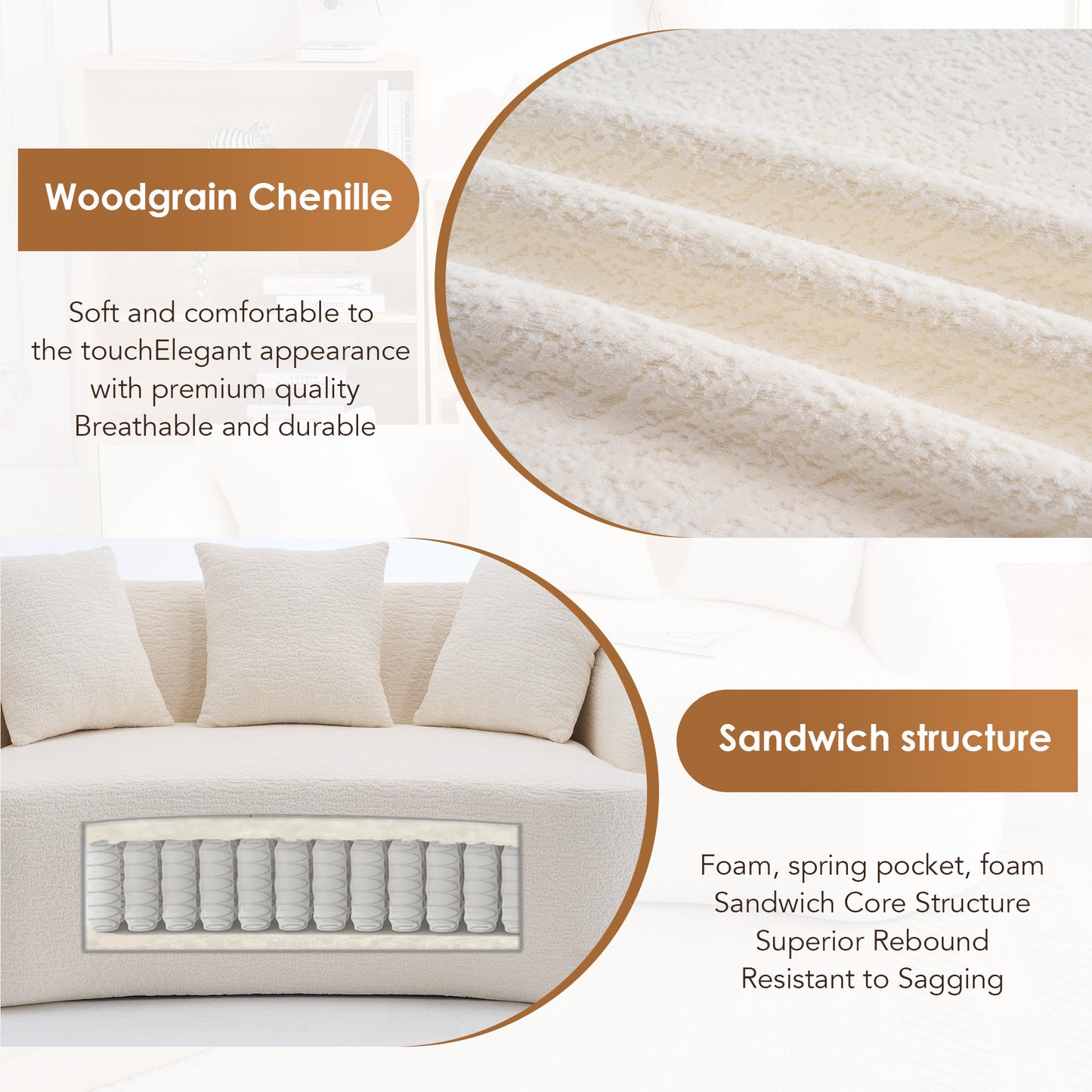 LY-049S Curved Modern Boneless Sofa Loveseat Backrest Upgrade 2-Seater Off-White Chenille Compression Couch With 3 Pillows Minimalist Modular Couches For Living Room Office Apartment Guest Room