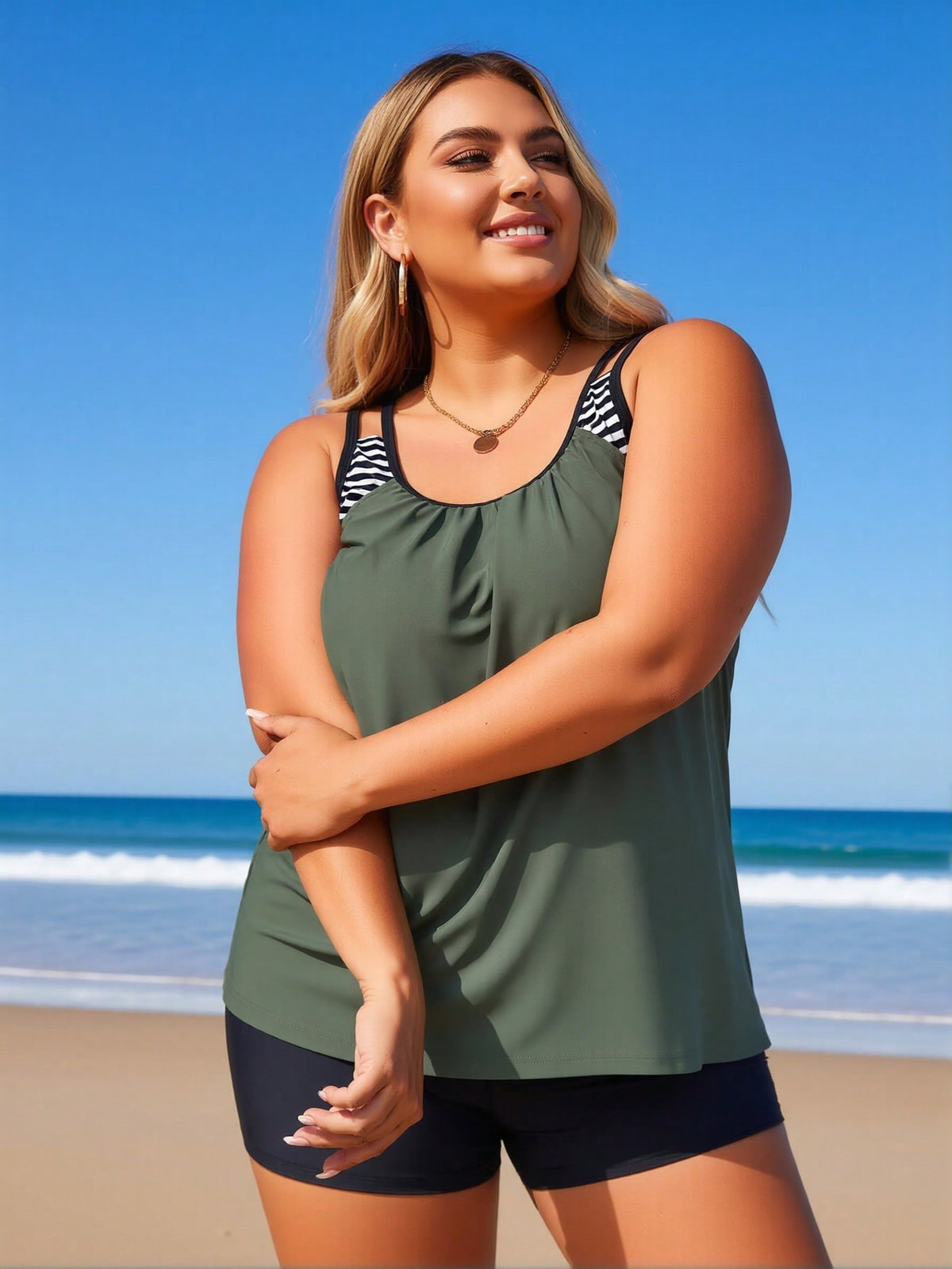 2026 New Plus Size Women's Sexy Fashion Army Green Striped Strap Two-Piece Boyleg Swimsuit For Vacation & Leisure