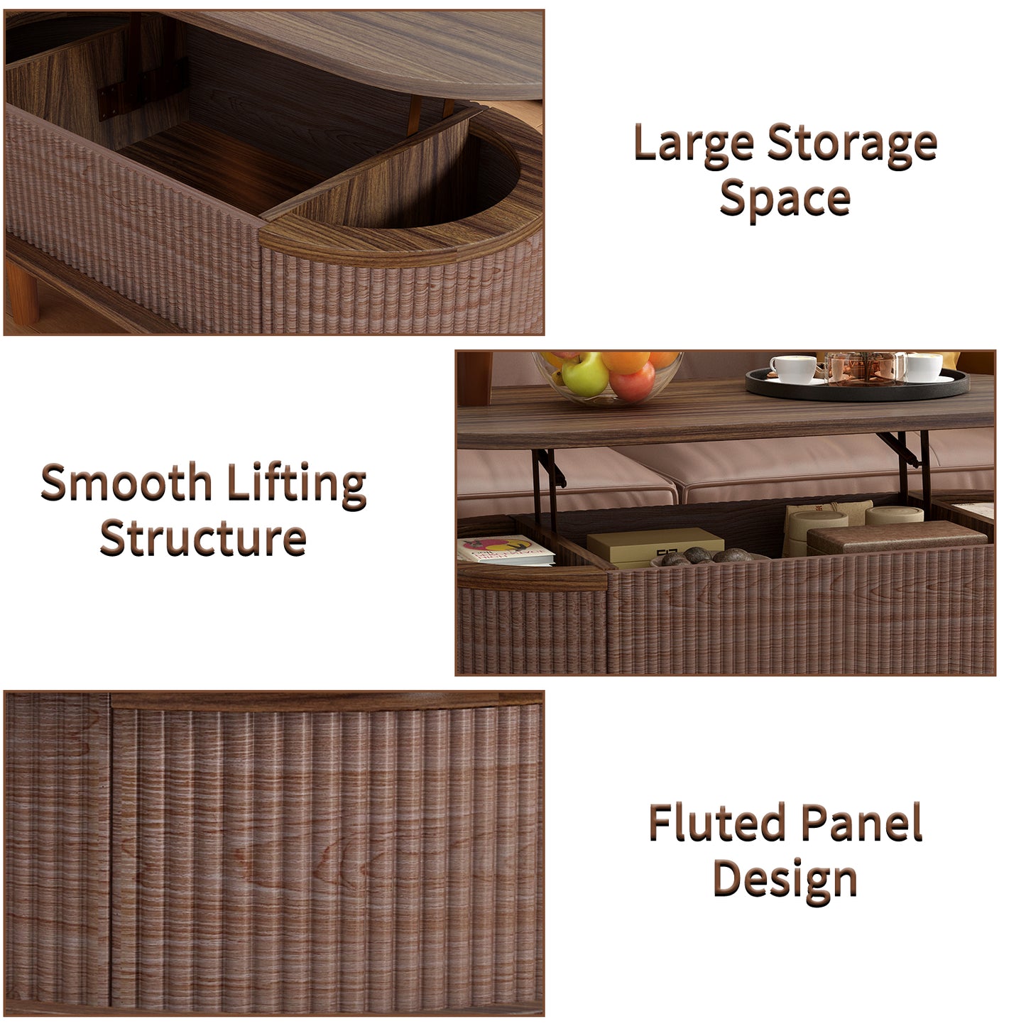 Fluted Lift Top Coffee Table With Hidden Compartment, Wooden Center Table, Modern Oval Lift Tabletop For Home Living Room Office, Walnut Color