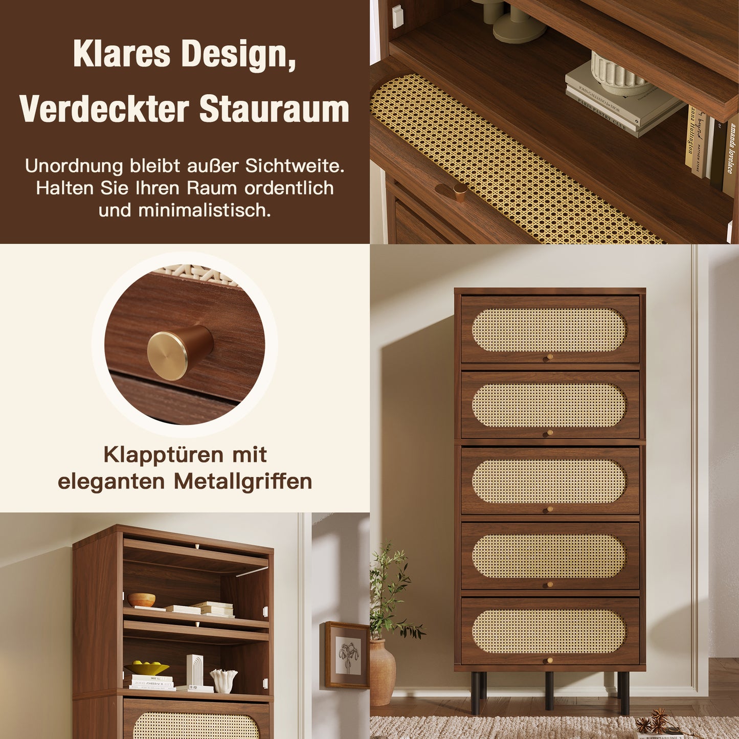 Sideboard Walnut With Rattan 80x40x163 Cm, Tall Cabinet 5 Flaps, Chest Of Drawers Wood Metal Legs, Large Storage Space, Living Room Hallway Kitchen Cabinet