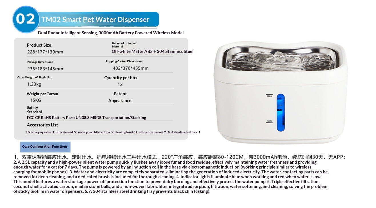 Smart Cat Water Fountain With Automatic Sensor And Wireless Power Supply