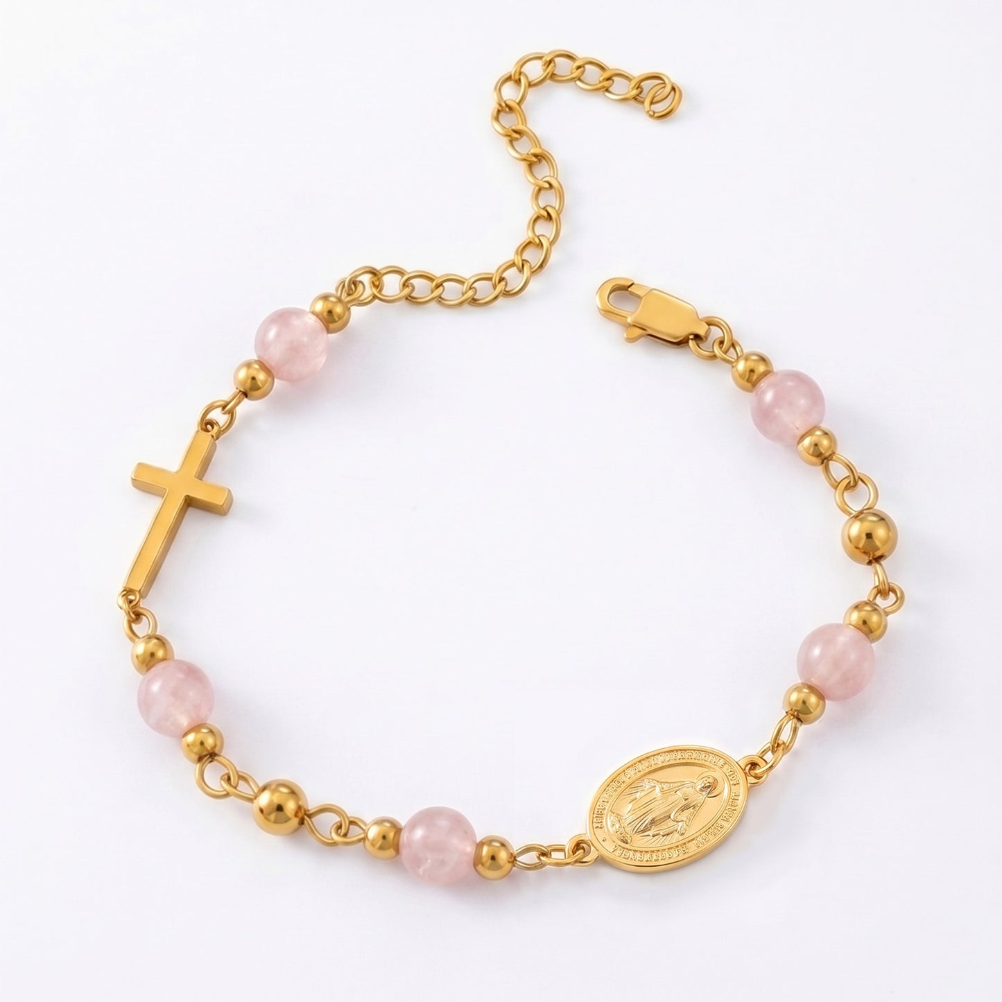18K Gold Plated Stainless Steel Chain Bracelet For Women Natural Stone Beads Virgin Mary Miracle Medal Cross Bracelets Religious Catholic Jewelry Link Chain Gift