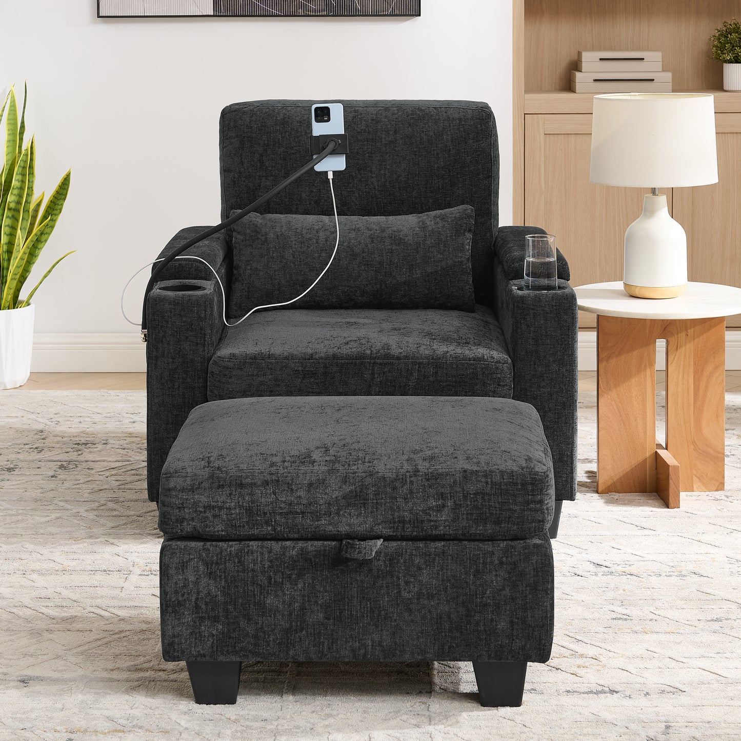 Single Sofa Recliner With Manually Adjustable Backrest, USB Charging Port On The Armrest Side, Phone Stand Included, Hidden Armrest Storage, And A Matching Storage Ottoman-Black