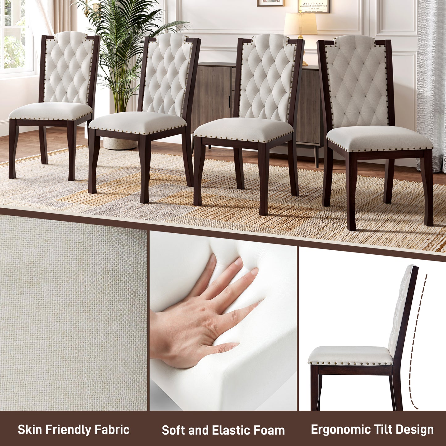 Upholstered Dining Chairs Set Of 4, High Back Diamond Button Tufted Kitchen Chairs With Solid Wood Legs And Nailhead Trims For Dining Room, Living Room, Restaurant, Biege & Espresso