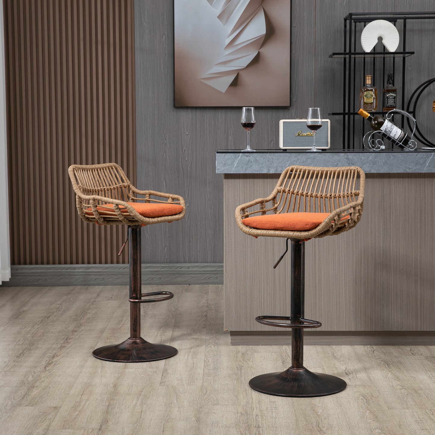Modern Swivel Bar Stools Set Of 2 Adjustable Counter Height Chairs With Footrest For Kitchen, Dining Room Orange