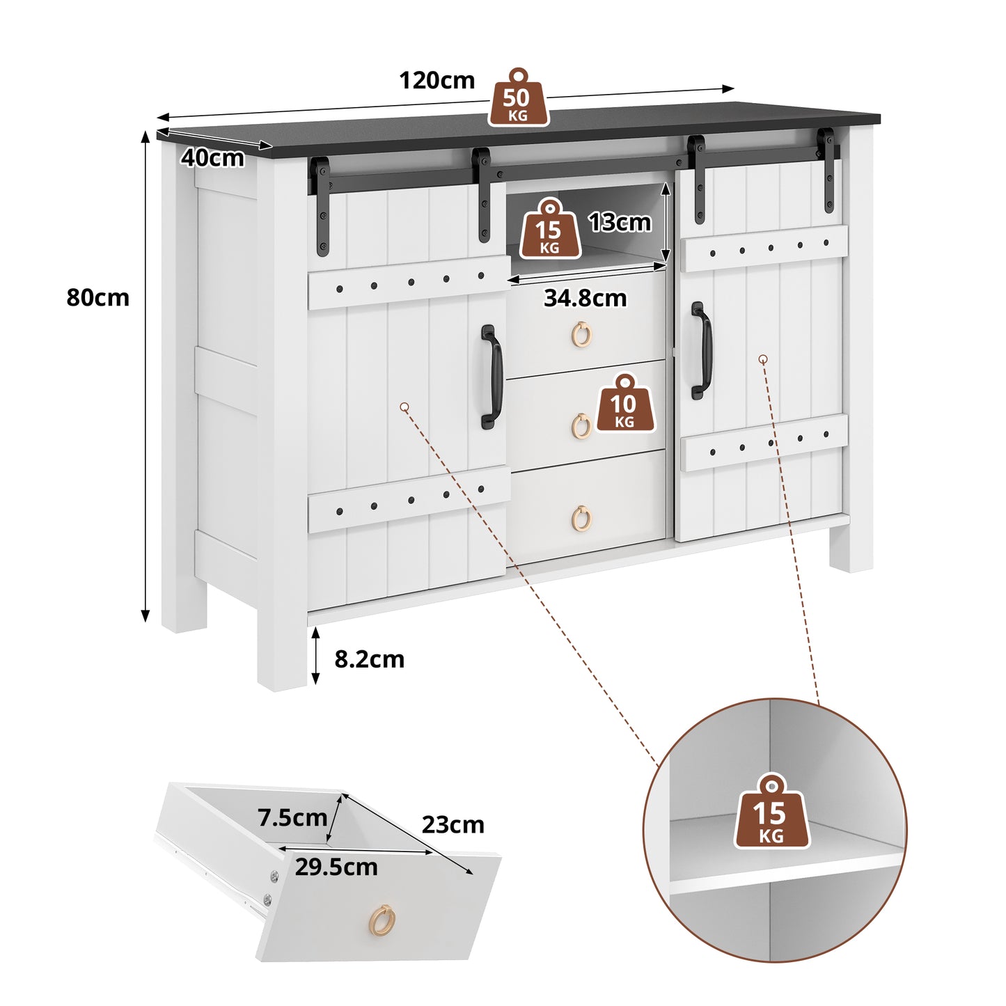 Buffet Cabinet With Storage, 120 Cm Wide Side Cabinet With Sliding Doors And 3 Drawers, Rustic Wooden Coffee Bar Buffet Table, Suitable For Kitchen, Dining Room And Living Room, White