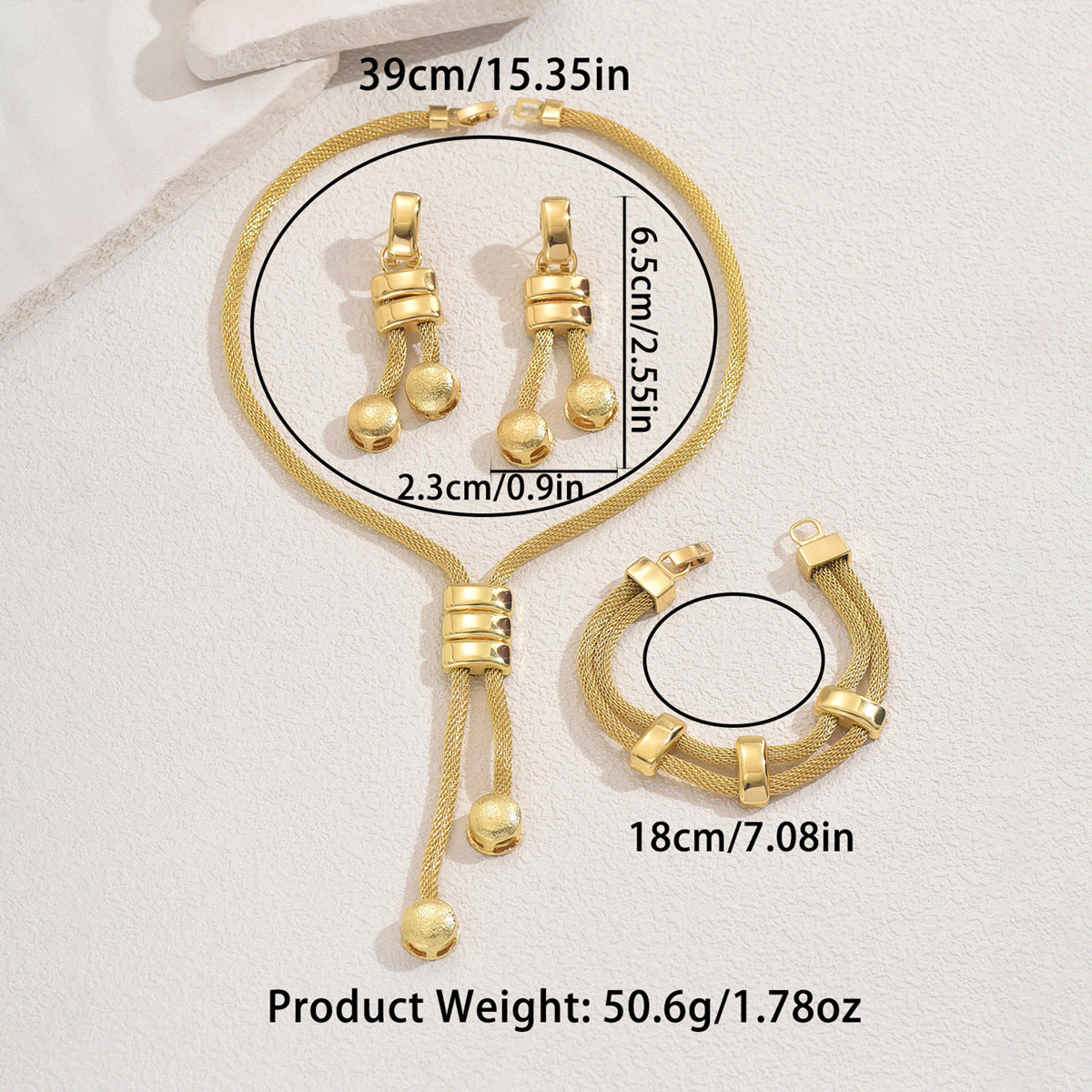 European American Cross-border Women Jewelry Set, 18K Gold Plated Long Geometric Tassel Necklace & Drop Earrings With Matching Niche Bracelet, Versatile Daily Accessories
