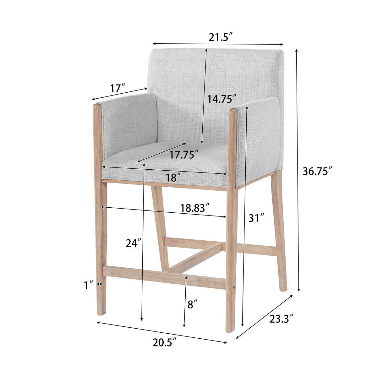 24 Seat Height Upholstered Counter Stools With Arms For Kitchen Island Dining Room, Set Of 2
