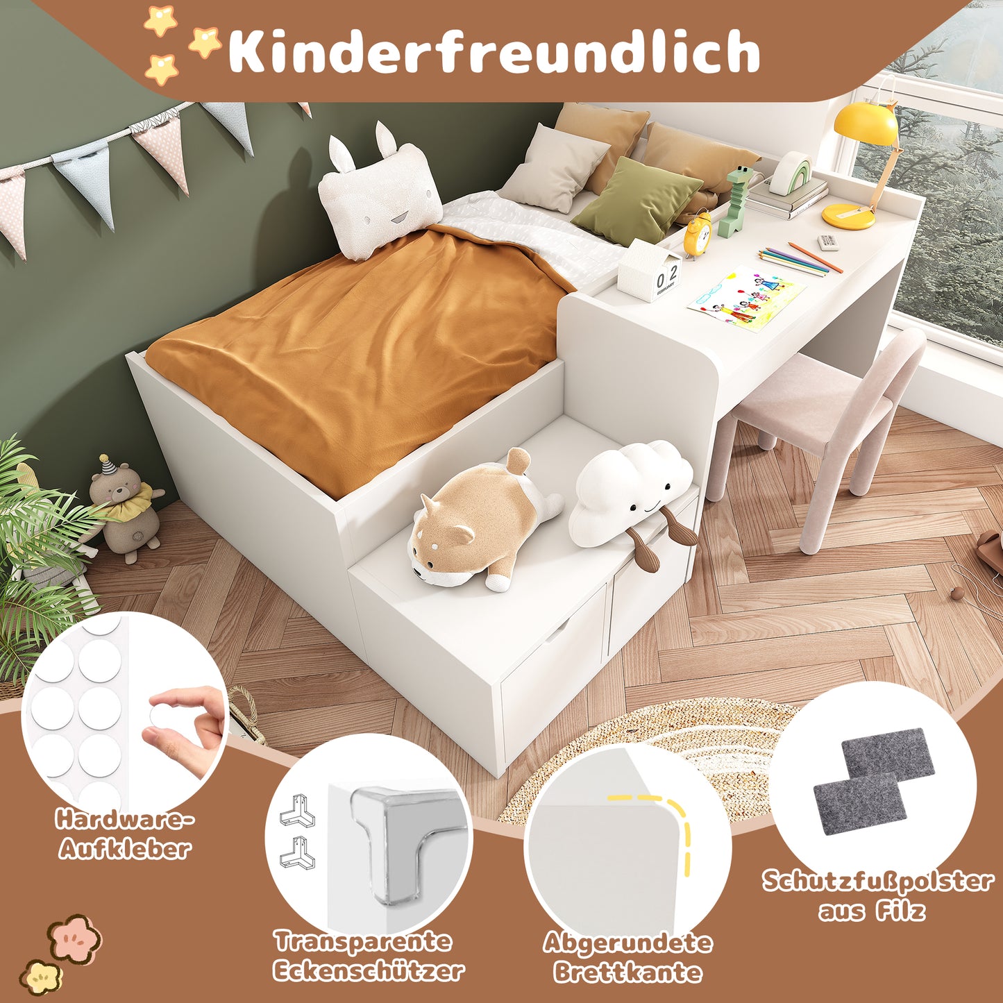 Children's Bed, Solid Wood Single Bed With Desk And Drawers, 90 X 200 Cm, White, Storage Bed With Slatted Frame, For Boys & Girls Without Mattress