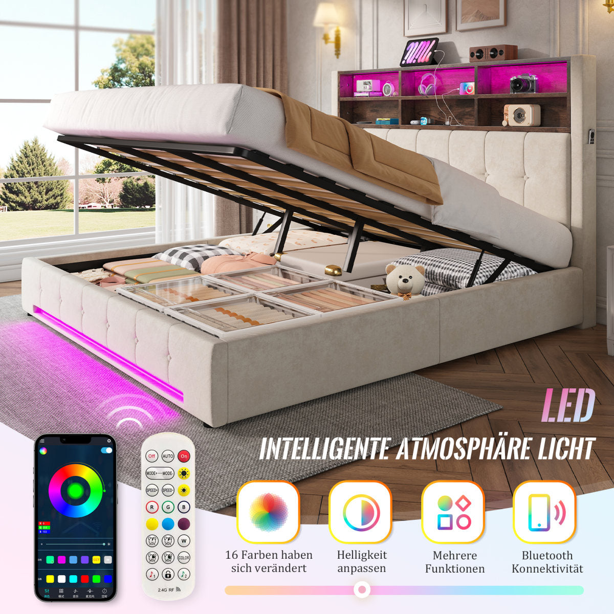 180x200 Cm Velvet Bed With Multifunctional Headboard 6 Compartments, Side Pockets, USB-C, LED, Hydraulic Function And Large, Dust-proof Storage Space Under The Bed - Practical Choice For The Bedroom.