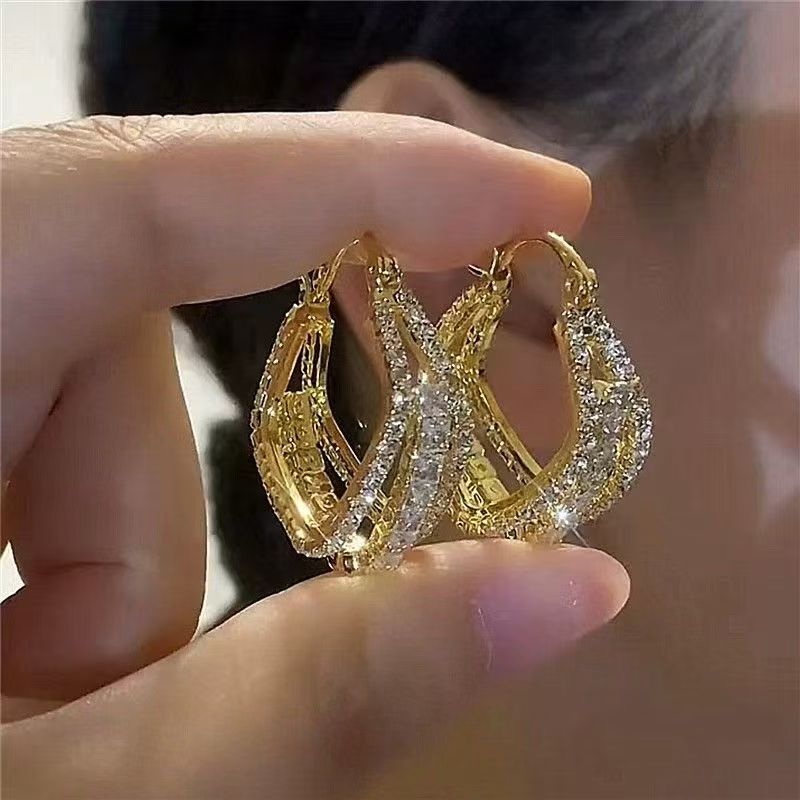 2026 New Spring & Summer Hong Kong Style Light Luxury Super Sparkly Alloy Geometric Square Hoop Earrings, High-End Designer Elegant Ear Rings For Women