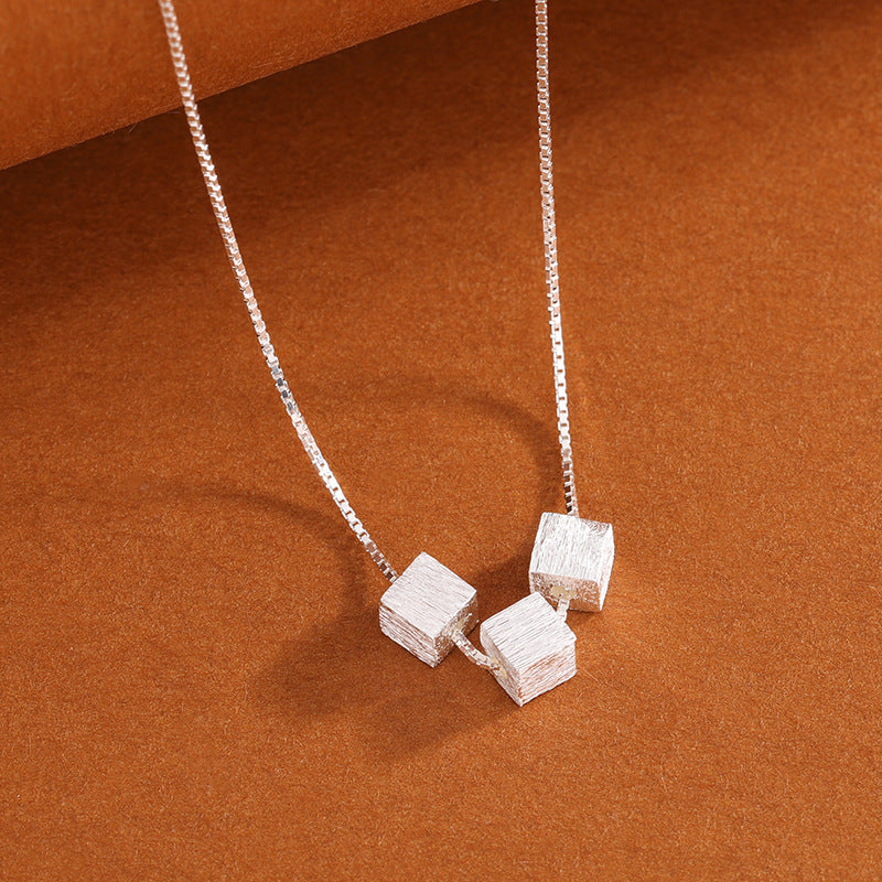 S999 Sterling Silver Sugar Cube Necklace For Women, Korean Ins Style Brushed Geometric Square Clavicle Chain, Luxury Elegant Jewelry