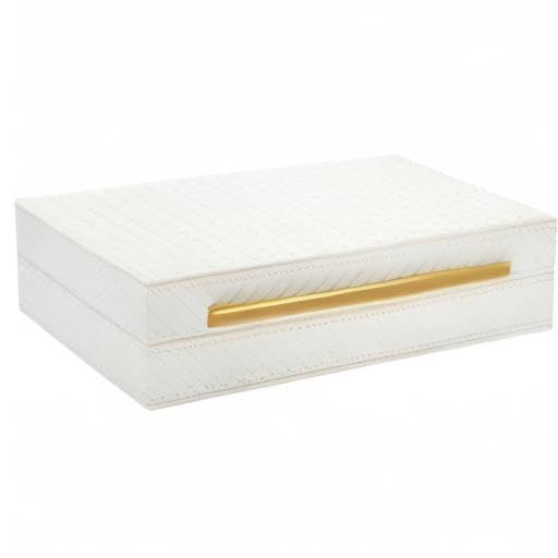 Kingflux White Wooden Keepsake Box With Faux Leather and Brushed Gold Handle, Gift and Storage Box for Vanity, Coffee Tabl...
