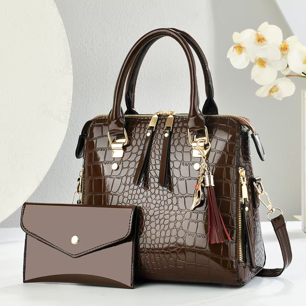 Womens Fashion Crocodile-Print Set Of Two Handbag And Crossbody Bag