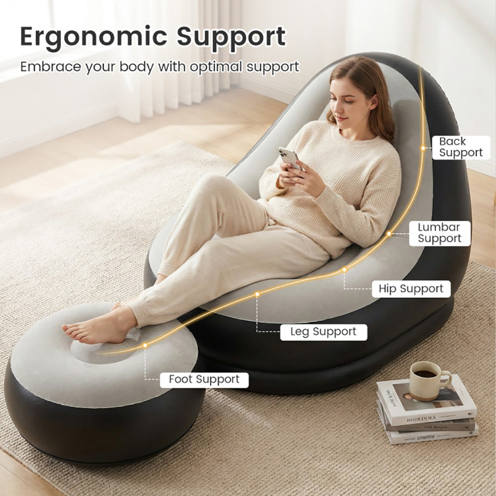 Inflatable Lounge Sofa With Ottoman Portable Air Sofa Of Up To 220 Lbs For Adults With Flocked Surface For Home, Yard, And On The Go Occasions Like Camping Or Trips