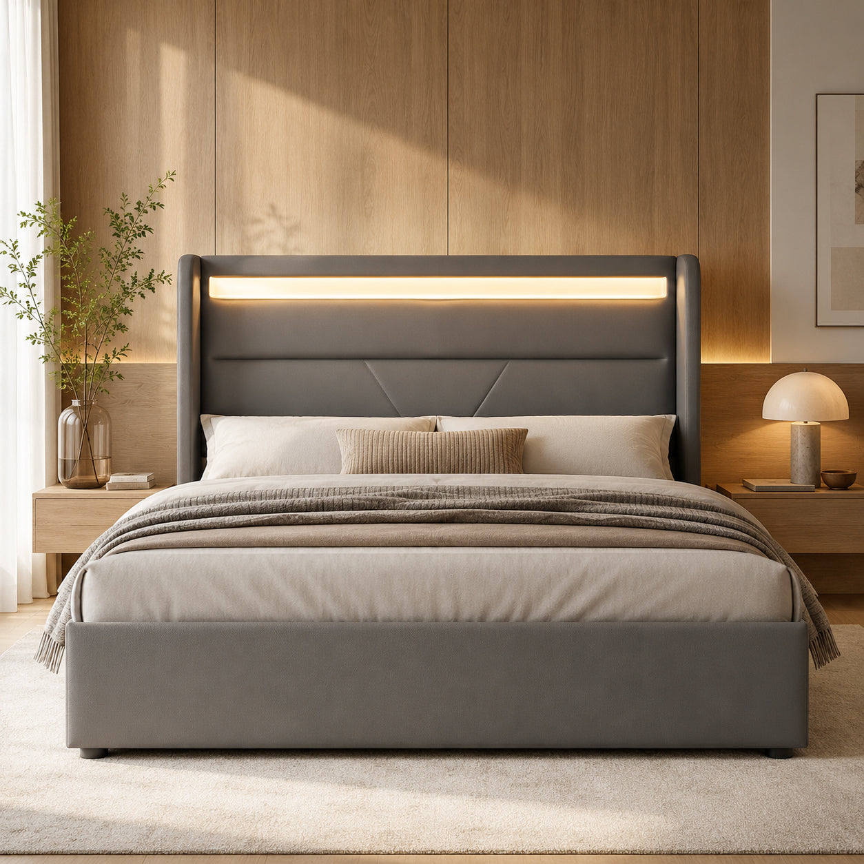 Hydraulic Storage Bed With LED Lighting Strip, Double Bed Bed Frame Upholstered Bed 160x200cm, Functional Bed, Grey With Remote Control