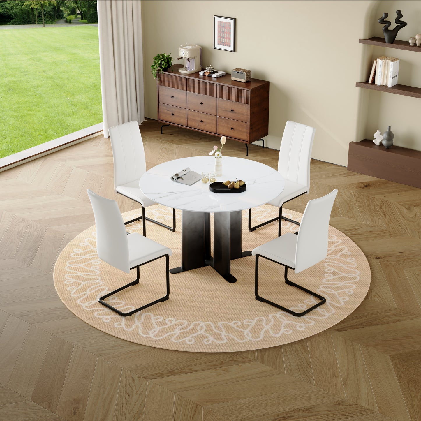Round White Marble Pattern MDF Dining Table, Black & White Gradient Legs With Cross Base, Compact 2-4 Person Kitchen Table For Small Spaces Home Modern Dining Room Furniture