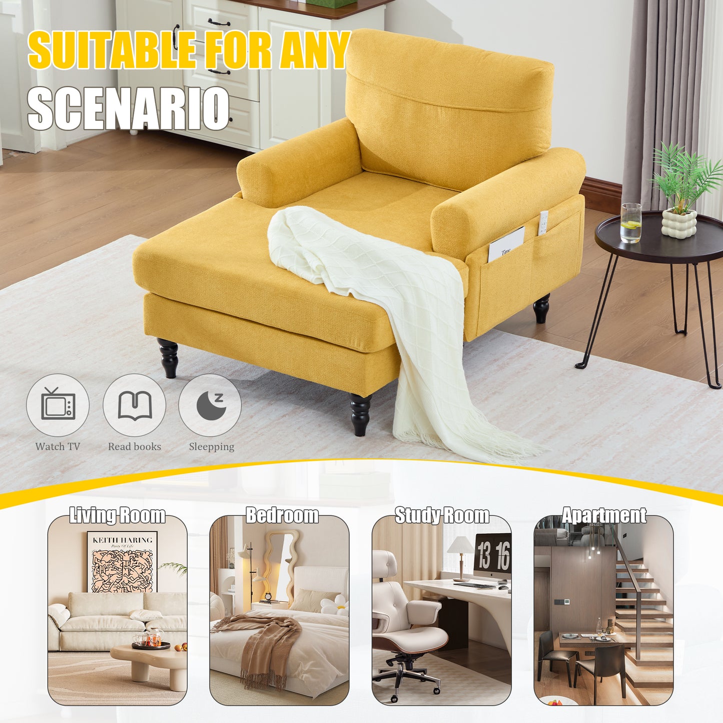 Modern Minimalist Chenille Fabric Chaise Lounge Recliner Single Sofa Living Room Bedroom Rest Chair Wooden Sofa Legs With Comfortable Backrest And Armrests Side Pockets For Storage Suitable For Office