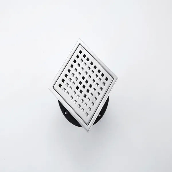 6 Inch Square Shower Drain With Removable Square Patterned Grate, 304 Stainless Steel With Flange And Hair Strainer, Brushed Nickel