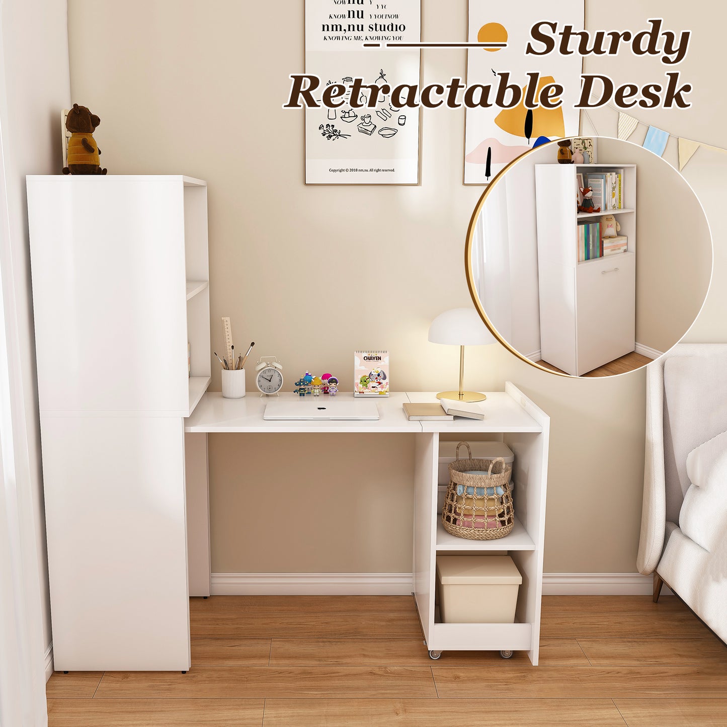Stretchable Desk Office Desk With Storage Shelves And Mobile Wheels Foldable Desk Suitable For Small Apartments And Offices White