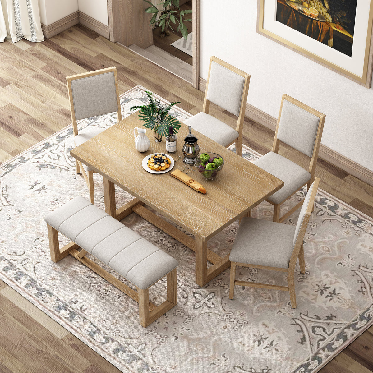 TREXM 6-Piece Retro Dining Table Set For 6 60 Wood Kitchen Table And Chairs Set Of 4 With Bench Designed Trestle Base For Kitchen & Dining Room Natural