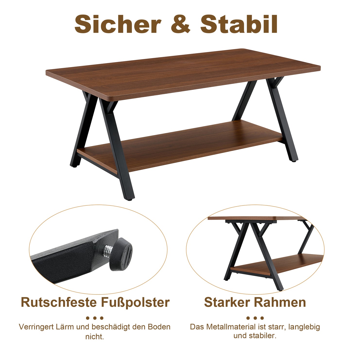 Modern Industrial Coffee Table With Storage Shelf, Walnut Wood Grain And Black Metal Frame, 110x57x44.5cm, Contemporary Living Room Table For Home Office, Home And Small Spaces