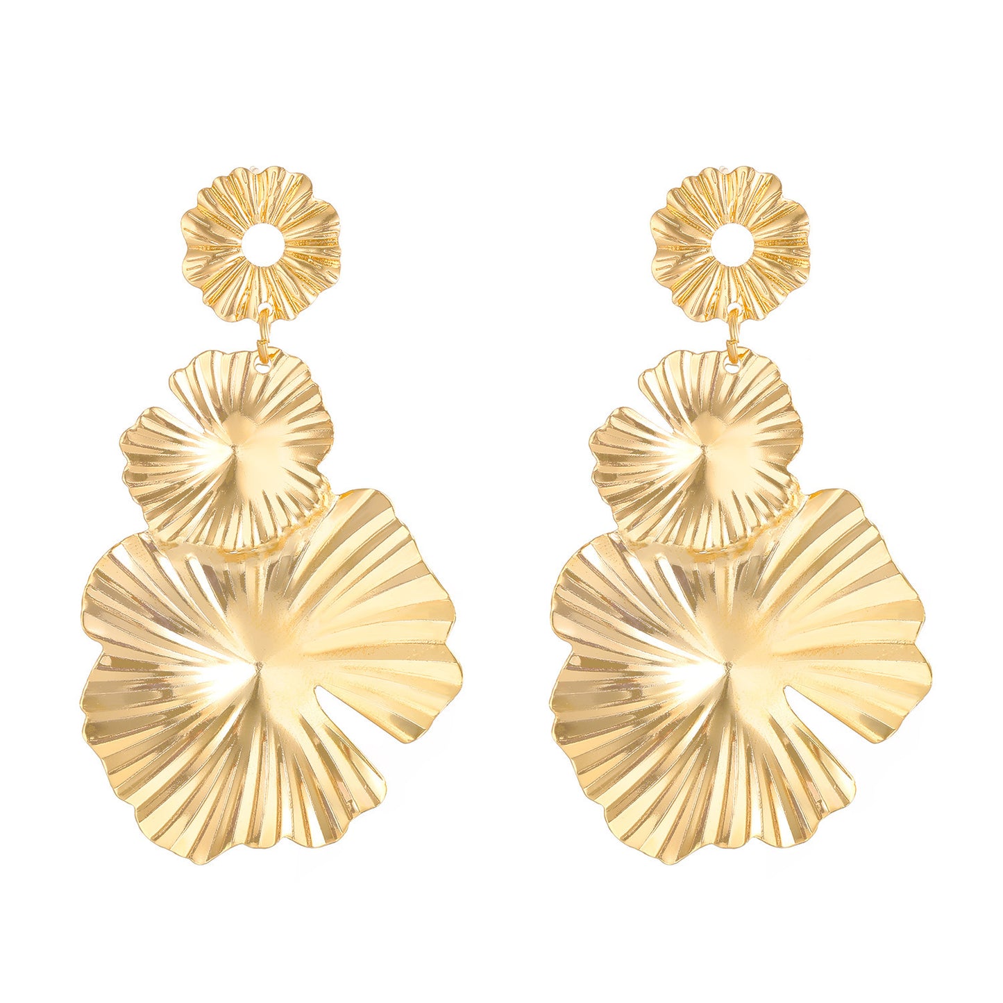 Vintage Geometric Floral Petal Dangle Earrings, Modern Smooth Shiny Metal Folding Craft Fashion Statement Women Ear Jewelry