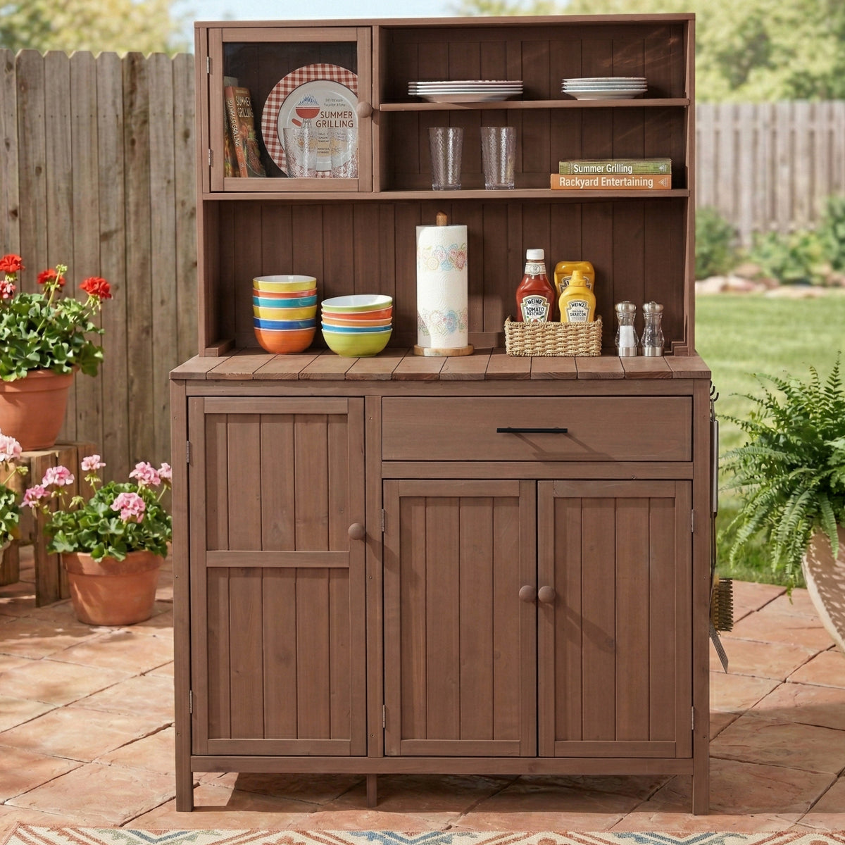 With Assembly Video TOPAMx Potting Bench With Hutch 65 H Solid Fir Wood Garden Workstation Large Countertop Patio Kitchen Island With Adjustable Shelves Spice Rack Side Hook And Drawer Brown