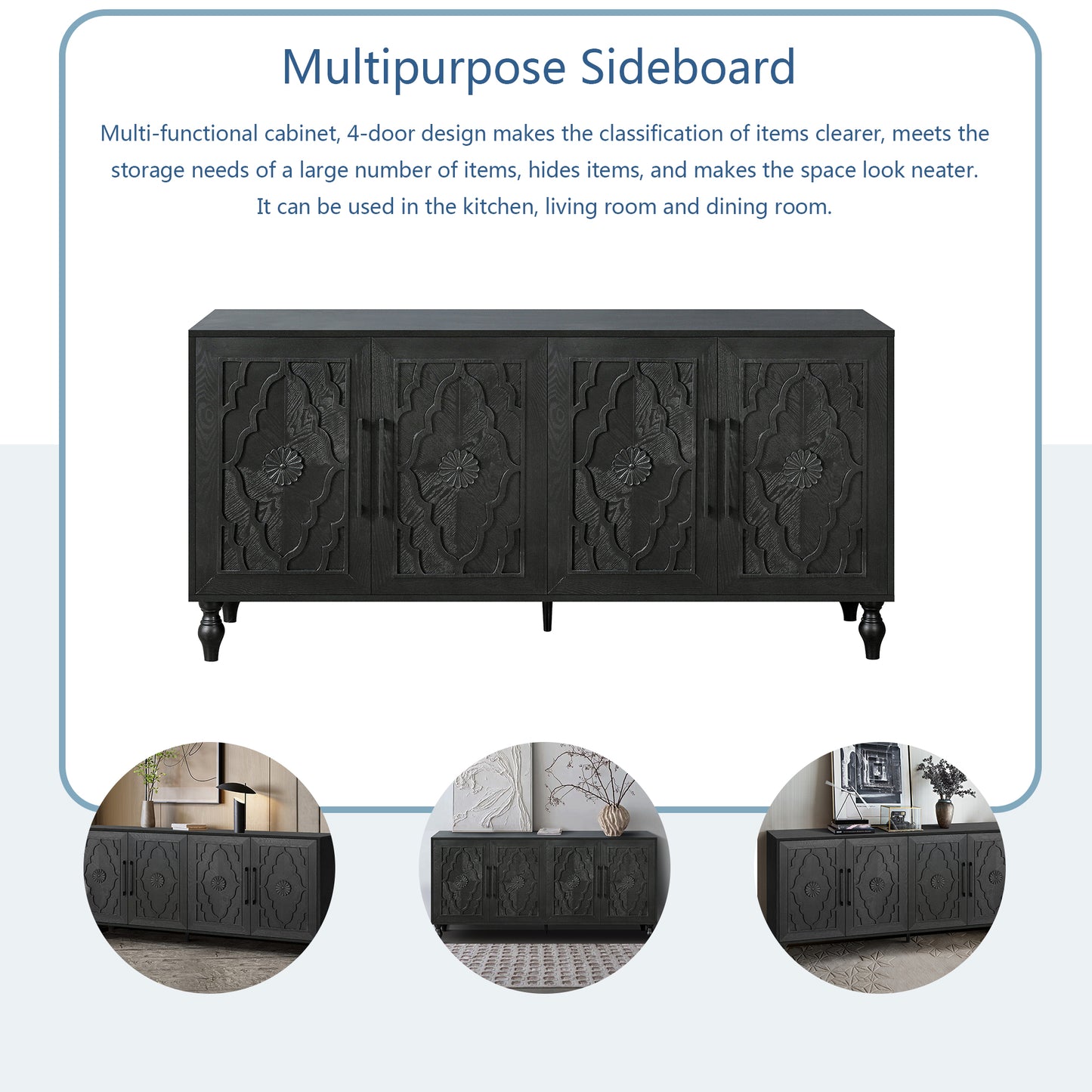 Carved Flower Door Large Storage Cabinet With Metal Handle Suitable For Living Room, Kitchen, Entryway BLACK
