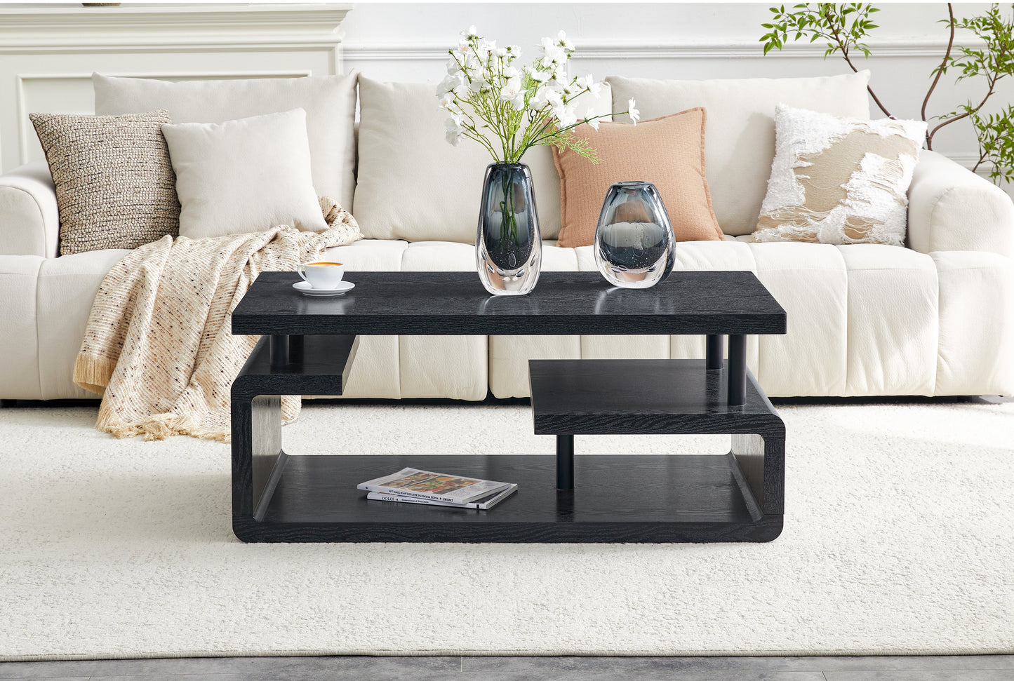 Three-Tier MDF Coffee Table With Black Wood Grain Finish, Modern Multi-Layer Storage Coffee Table Sturdy Frame For Living Room Office